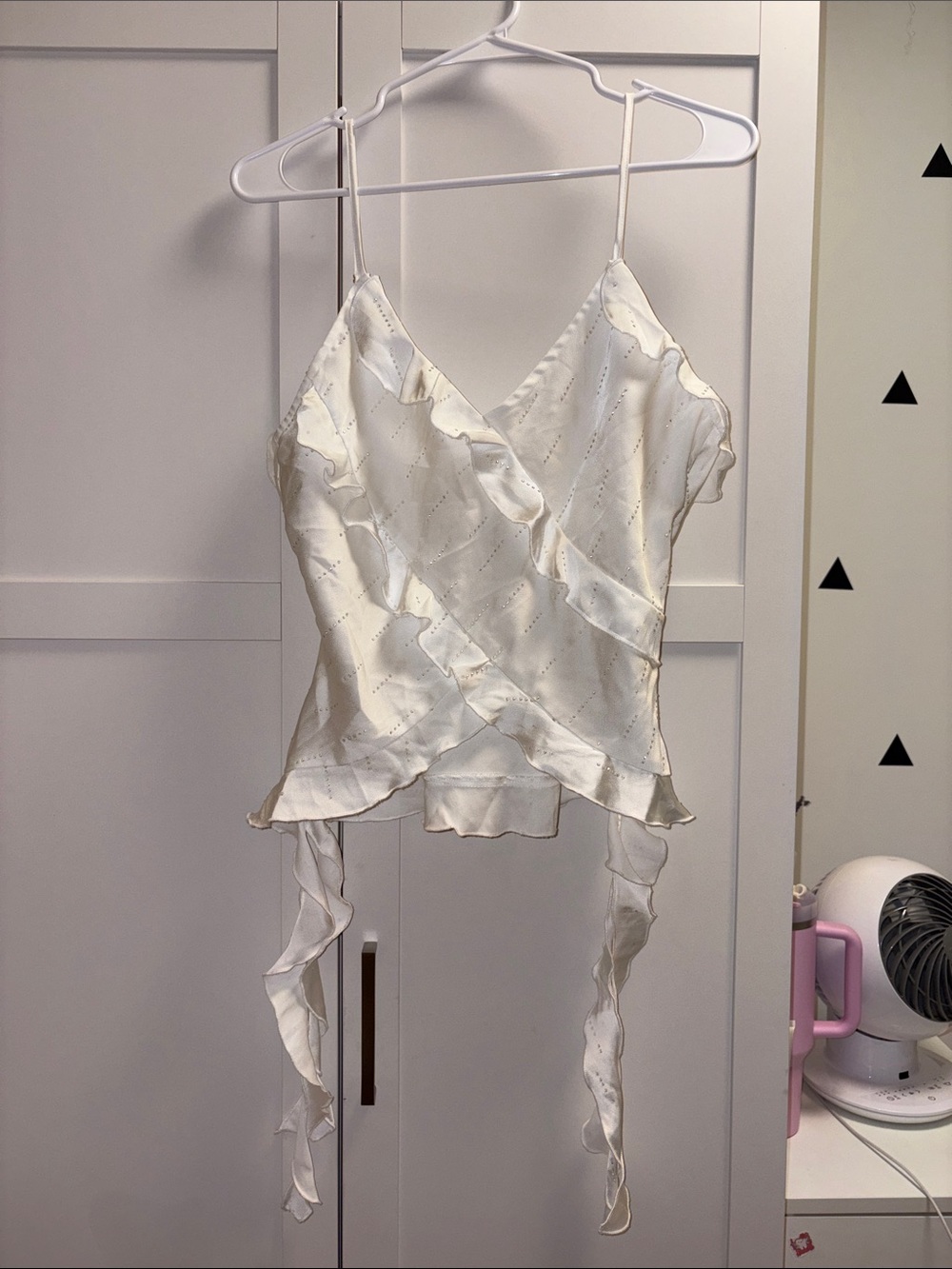 Sur Halo - Women's Cream Satin Ruffle Wrap Cami Top